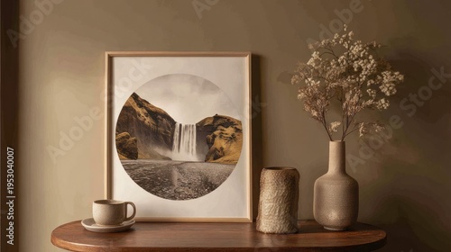 Circular Nature Wall Art Frame On Wooden Shelf Minimalist Interior Decor