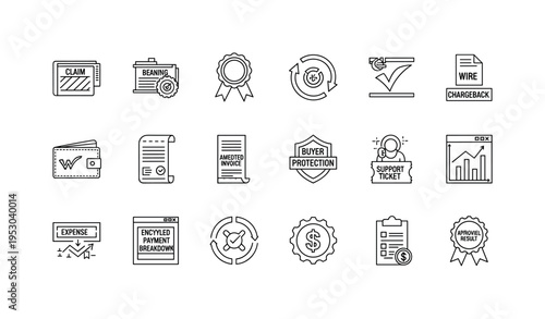 Claim submission panel, confirmation ribbon seal, chargeback credit icon, wire transfer banking mark, digital compensation wallet,