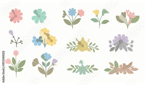 Colorful Floral Elements Flat Vector Set for Pattern and Decorative Design