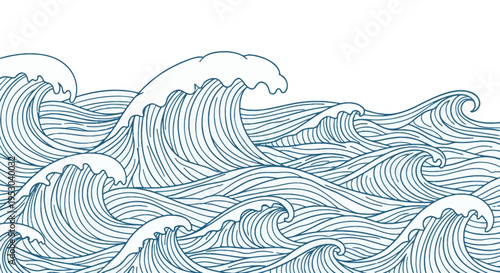 Blue line art illustration of stylized ocean waves in a Japanese woodblock style featuring cresting water and sea foam on a plain white background for nautical design layouts.