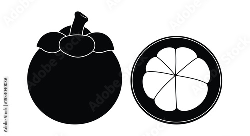 A black and white illustration of a mangosteen fruit whole and sliced open