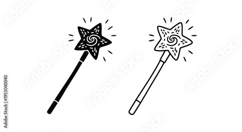 Two whimsical magic wands with star shaped tops in contrasting styles
