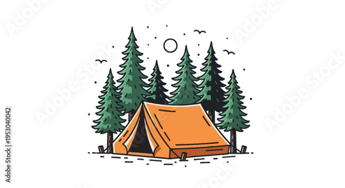 Orange A-frame camping tent pitched in a pine tree forest under a full moon and stars at night, flat vector illustration isolated on a white background with bold outlines.