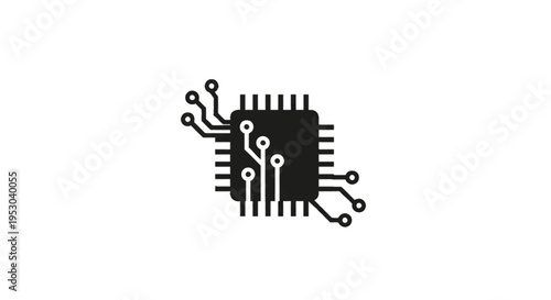 Minimalist black circuit board microchip silhouette with integrated trace lines and circular nodes, representing a computer processor or CPU isolated on a white background.