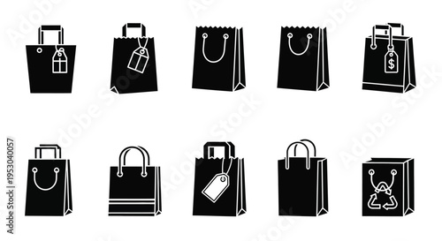 Collection of black shopping bags with handles and gift tags vector illustration