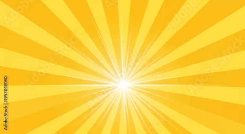 Vibrant yellow and orange radial sunburst background with light rays emanating from a central glowing white focal point, ideal for pop art or comic book style graphic designs.