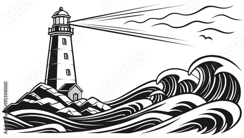 Nautical lighthouse on rocky cliff with crashing ocean waves and light beam sea illustration