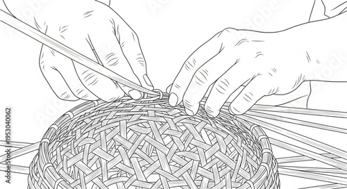 Hands weaving a basket with intricate patterns and textures.