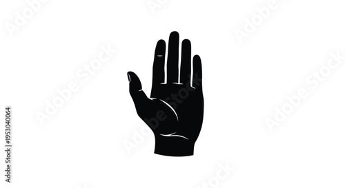 A black silhouette of a human hand displaying a stop gesture