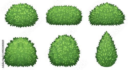 Set of six green cartoon shrubs and garden bushes in various shapes including round, oblong, and conical forms, isolated on white background for landscape design illustration.