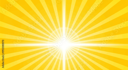 Bright yellow and orange sunburst background with central radial stripes and a glowing white light source including lens flare effects and horizontal light beam across the center.