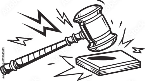 Wooden legal gavel and sound block hitting with impact lines in comic book line art vector style