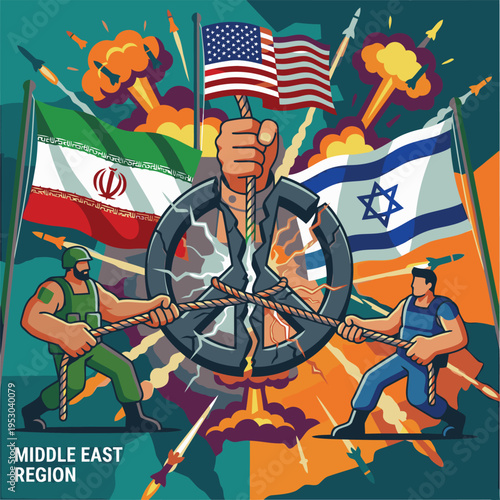 Vector illustration of Middle East conflict with USA, Iran and Israel flags