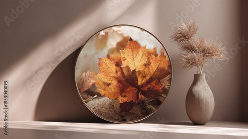 Autumn Leaf Circular Frame Wall Art Cozy Interior Decor