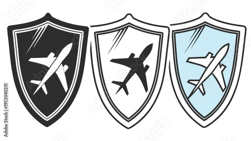 Set of three shield icons with airplane silhouette for travel insurance flight safety and aviation security