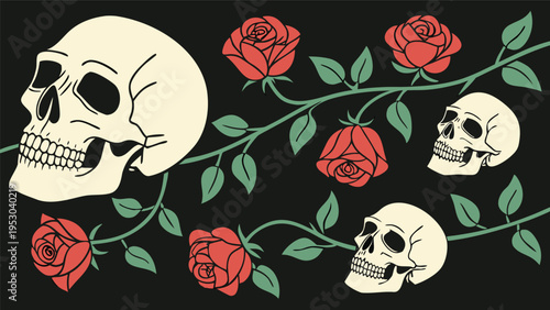 Gothic human skulls and red roses on thorny vines floral tattoo style illustration on black background