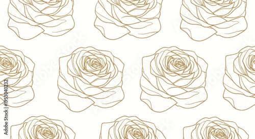 Seamless pattern featuring gold line art rose flower outlines on a white background. Hand-drawn golden floral motifs in a repetitive layout for textile design and digital paper wrap.