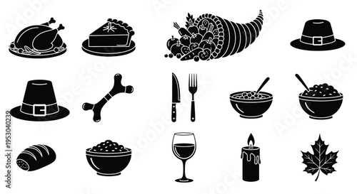 Thanksgiving day elements turkey pie cornucopia and traditional symbols