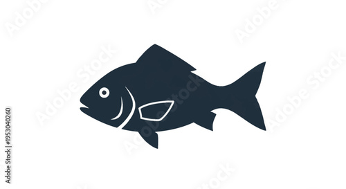 Minimalist dark blue fish silhouette icon isolated on white background, featuring detailed dorsal and pectoral fins, gills, and forked tail, suitable for seafood logo or aquatic design.