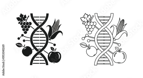 Genetic modification illustrated with fruits and dna structures