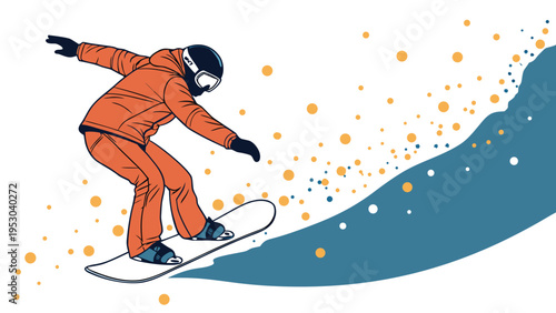 Action illustration of a snowboarder in orange gear carving through fresh powder on a mountain slope