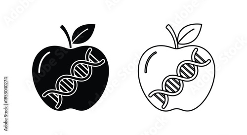 Apples with embedded dna helix black and white graphic illustration