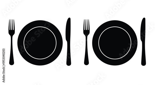 Simple black and white illustration of two place settings with cutlery
