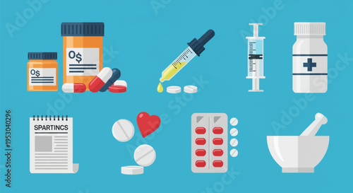 Flat design vector medical and pharmacy icons featuring prescription bottles, capsules, liquid dropper, syringe, blister pack, mortar and pestle, heart symbol, and notepad on blue.