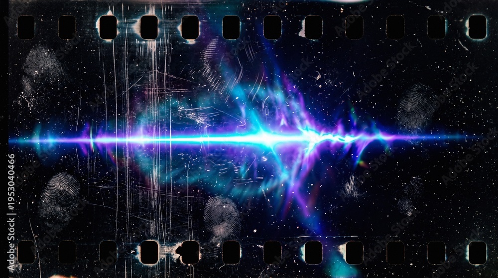 Obraz premium Abstract glowing sound wave on vintage film strip background with cosmic elements