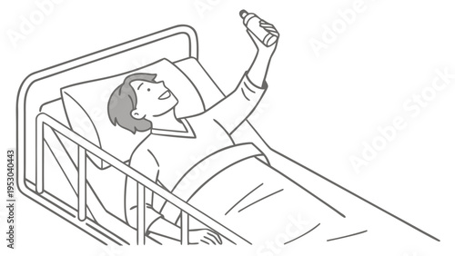 Smiling patient lying in hospital bed using a mobile phone to stay connected during recovery