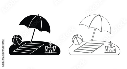 Black and white line art depicting beach objects umbrellas balls and sandcastles