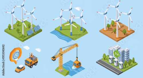 Isometric vector illustration set of green energy and sustainable infrastructure showing wind turbine farms, solar panels, electric vehicle charging stations, and industrial machinery.