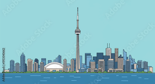 Stylized vector illustration of the Toronto skyline featuring the CN Tower, Rogers Centre, and urban skyscrapers along the Lake Ontario waterfront under a clear blue sky.