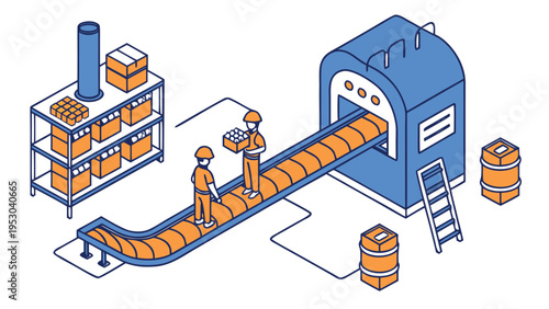 Factory production line with workers, conveyor belt, and storage boxes, supply chain