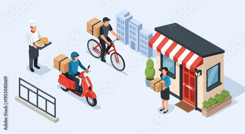 Isometric vector illustration of food and parcel delivery services featuring a chef with baked goods, couriers on a bicycle and scooter, and a woman receiving a package at a shop.