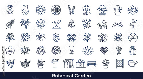 Collection of botanical and garden icons in a clean outline style