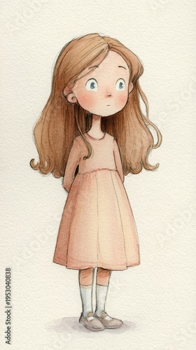 a little girl , around 5-6 years old, with shoulder-length flowy light brown hair, big expressive blue eyes, watercolor children's book illustration style
