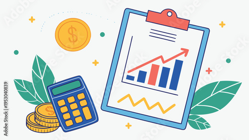 Financial growth calculation and business success report with dollar coins and calculator