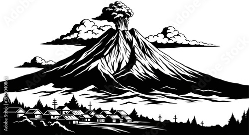 Monochrome Illustration of a Volcano Erupting Near a Village.