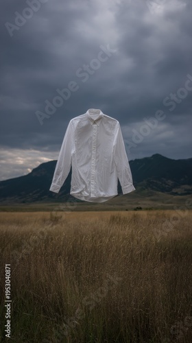 Floating white shirt over green grass field with mountains in background during cloudy day