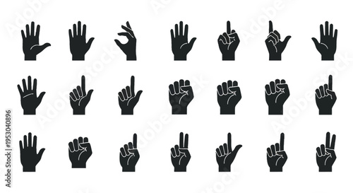Collection of black hand silhouettes on a white background featuring various gestures such as open palms, clenched fists, pointing fingers, counting signs, and hand signals