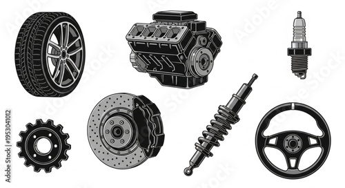 Assortment of Car Parts - Engine, Wheel, Brake, and Steering Wheel.
