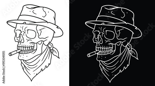 A stylized illustration of two skulls wearing hats and smoking cigars in contrasting black and white
