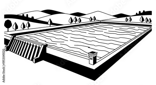 Illustration of a Dam and Reservoir with Surrounding Landscape.
