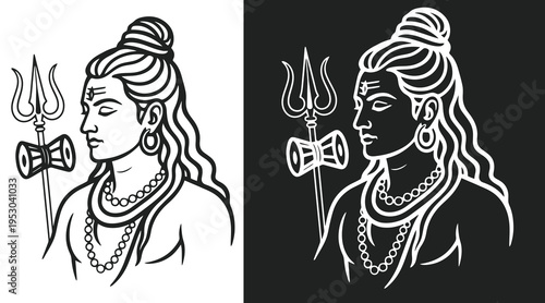 Hindu god shiva line art illustration in black and white