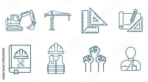 Construction industry icons and symbols for safety and equipment
