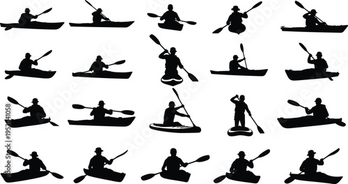 Silhouette illustration of people kayaking with paddles in various positions, seated and standing in kayaks, showing dynamic water sport movements and postures