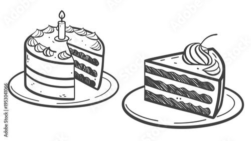 Birthday cake with a slice removed and a single candle lit, sketch, black and white