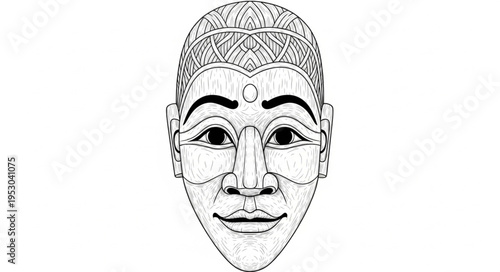 Detailed Line Art of a Traditional Asian Mask.