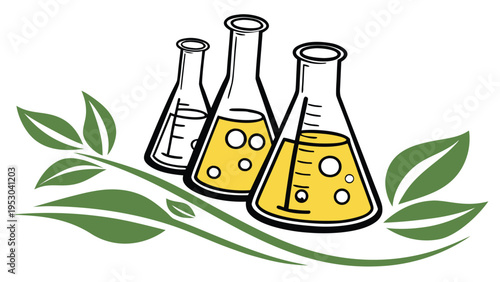 Laboratory erlenmeyer flasks with green leaves representing biofuel natural science and eco friendly research